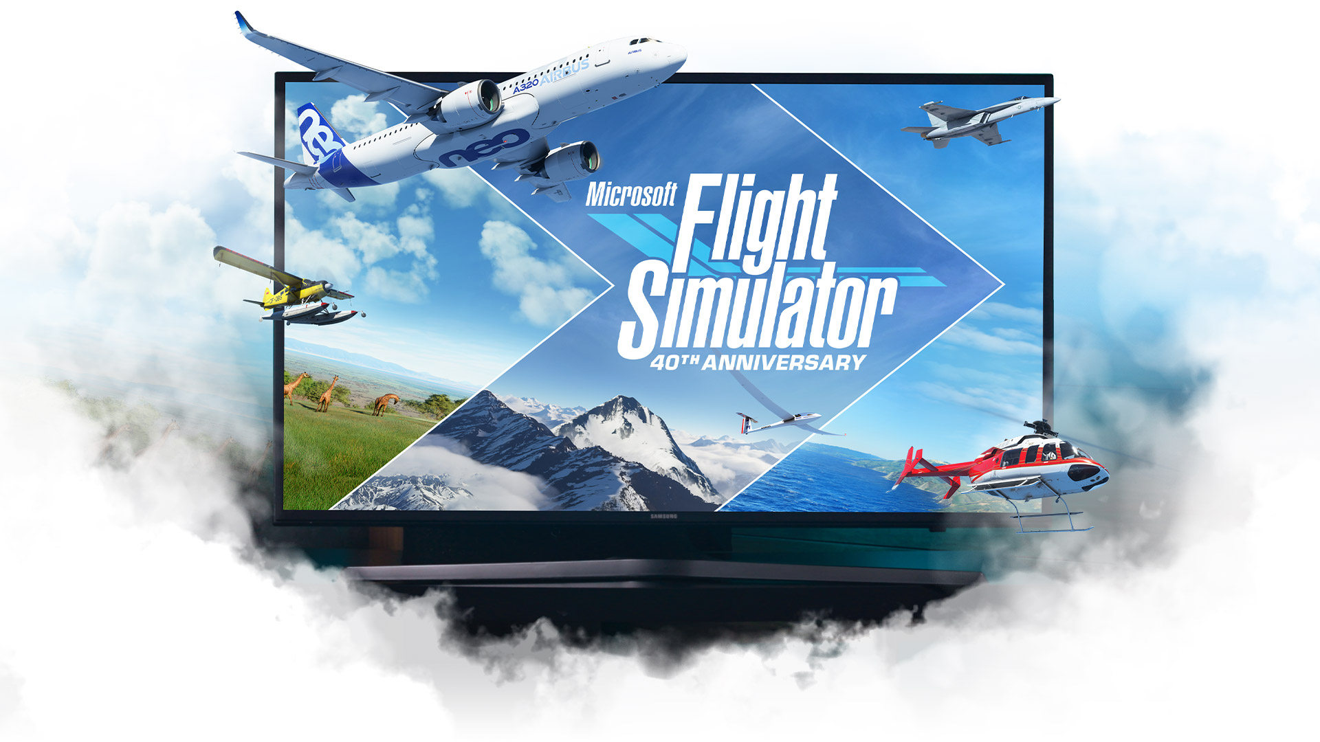 Microsoft Flight Simulator-vliegtuigen die uit een TV komen, omringd door wolken