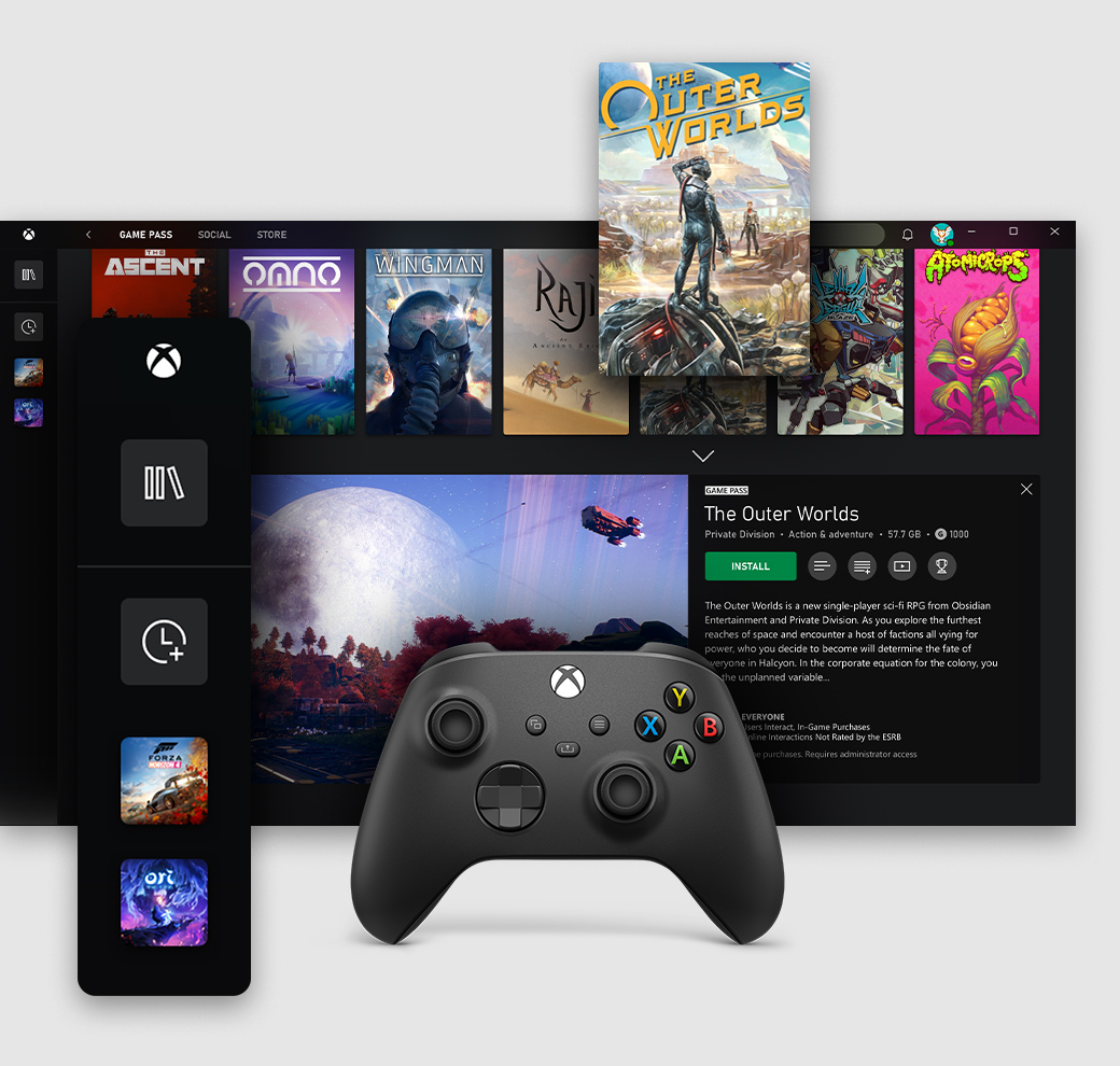 Xbox app for Windows PC user interface showing the game pass tab
