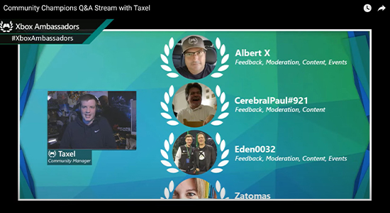 Video thumbnail: Xbox Ambassadors Community Champions Q and A stream screenshot.
