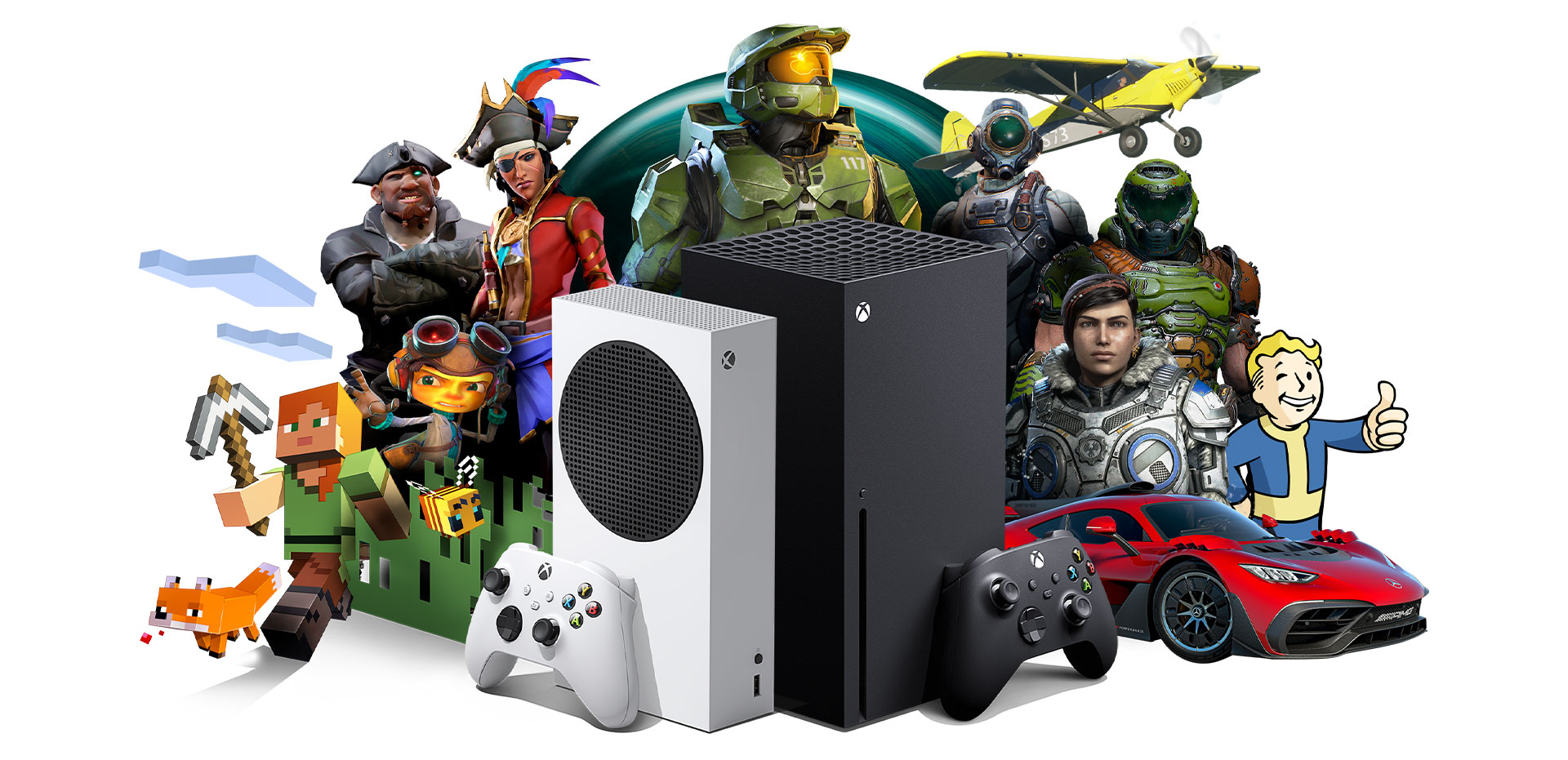 Xbox All Access, Xbox Series X and Xbox Series S with Xbox game characters