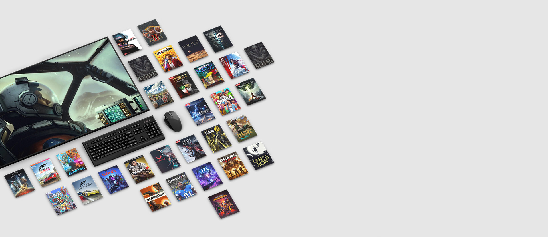 Game-illustraties van meerdere games die beschikbaar zijn met PC Game Pass Ultimate rond een computerscherm, toetsenbord en muis.