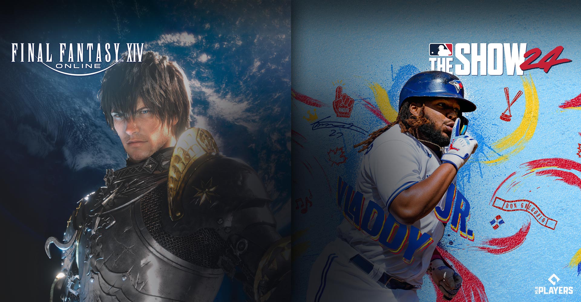 A Final Fantasy 14 Online egyik szereplője egy kék bolygó előtt áll, Vladdy Jr. baseballjátékos pedig a mutatóujját a szájához tartva csitító mozdulatot mutat.