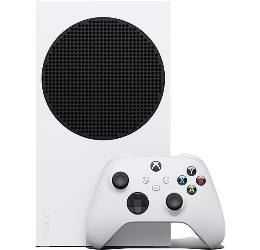 Front angle of the Xbox Series S with an Xbox wireless controller