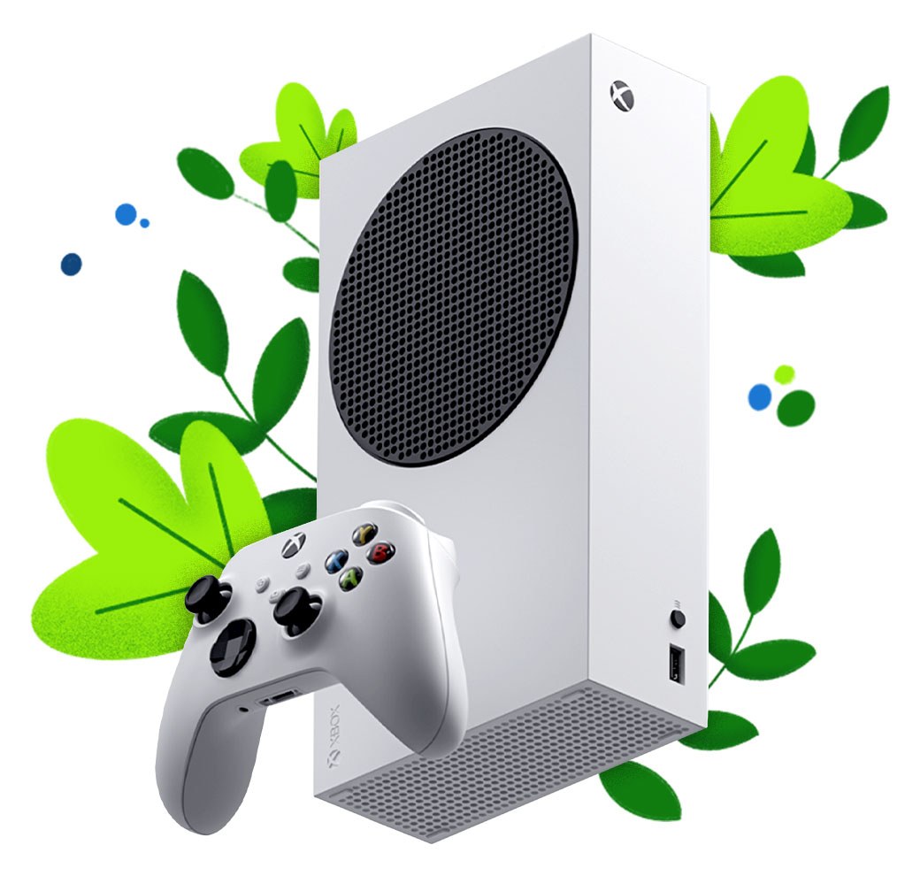 Konzola Xbox Series S obklopená listami a rastlinami