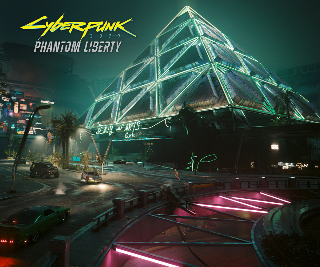 Cyberpunk 2077: Phantom Liberty, neonlichten langs een groot piramidegebouw in Night City 