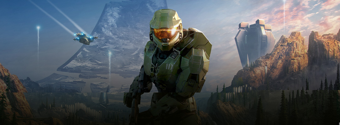 Front view of Master chief in front of a mountain range