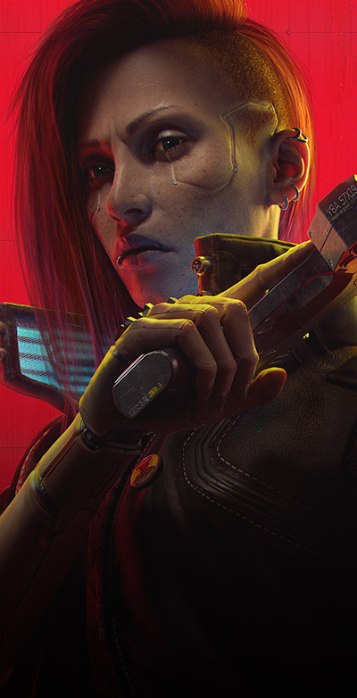 Cyberpunk 2077, cybernetycznie zmodyfikowana postać z blizną na policzku podnosi broń w zastraszającym geście.
