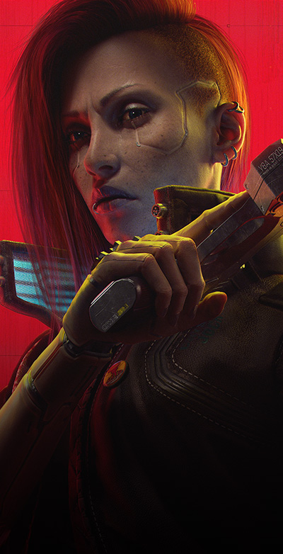 Cyberpunk 2077, kyberneticky pozmenená postava s jazvou na líci dvíha zbraň pri príležitostnom zastrašovaní.