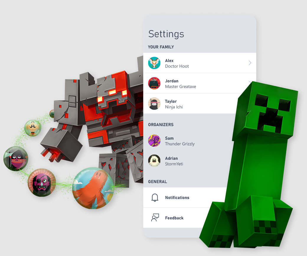 Los personajes de Minecraft rodean la pantalla de la aplicación Xbox Family Settings.