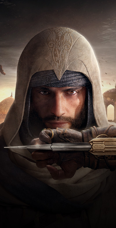 Assassin Creed Mirage, одетый в плащ Басим ибн Исхак держит кинжал, скрывая его в руке