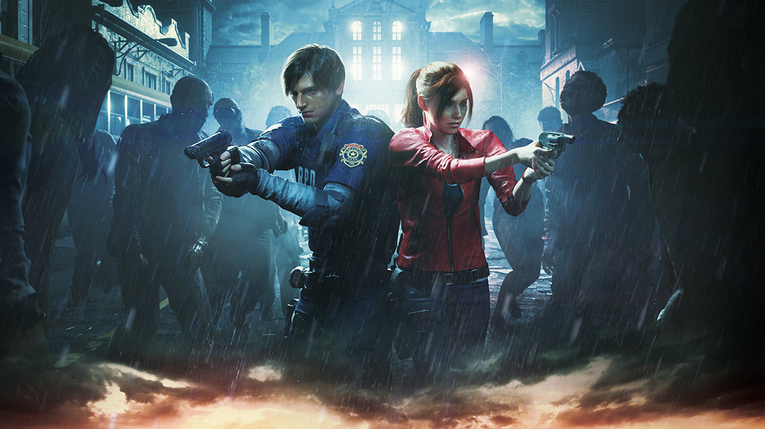 Leon Kennedy and Claire Redfield stand side by side holding up guns at surrounding zombies