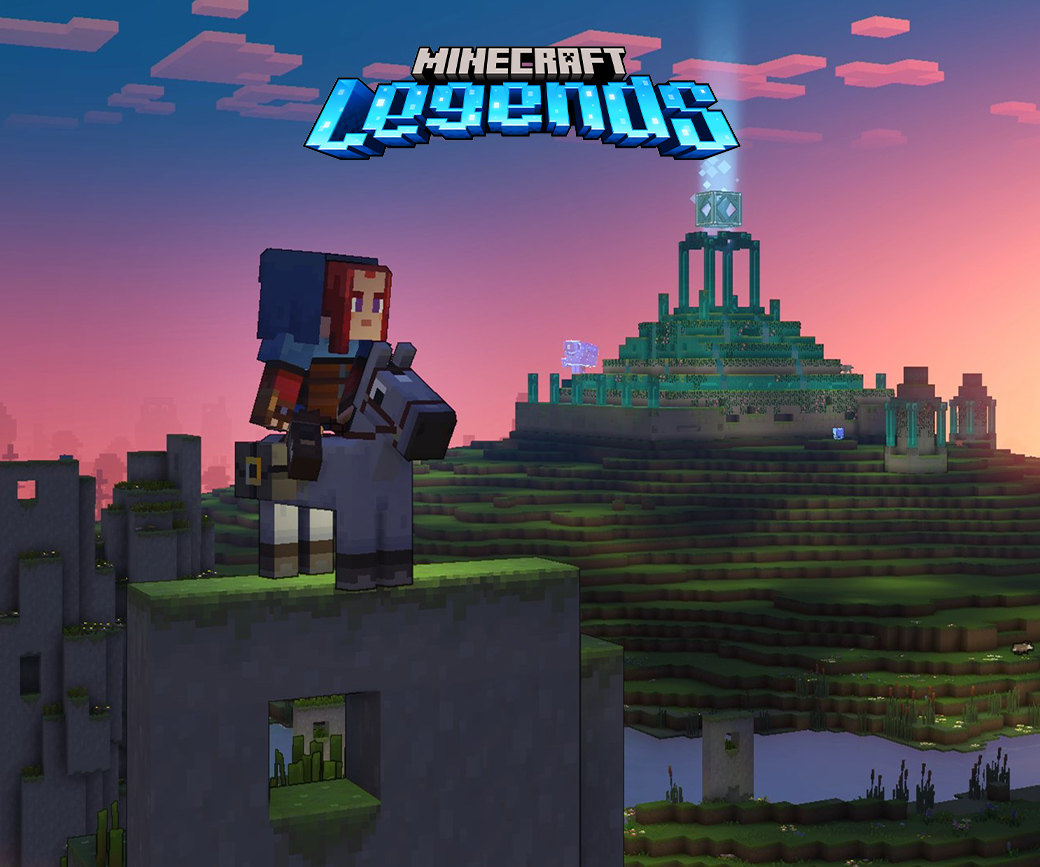 Minecraft Legends, egy hős ül a lován egy magas épület tetején