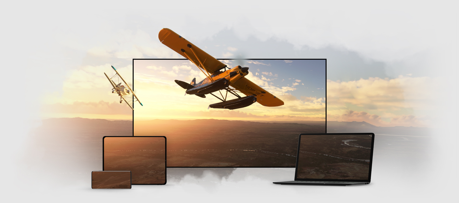 Microsoft Flight Simulator -pelikuva näkyy useiden laitteiden näytöissä, kuten kannettavassa tietokoneessa, televisiossa, puhelimessa ja tabletissa.