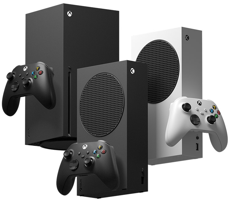 An Xbox Series X, Xbox Series S, and Xbox Series S – 1TB (Black) float together in midair.