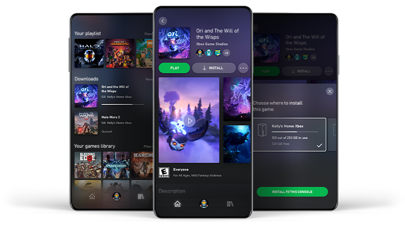 Drie mobiele telefoons met voorbeelden van de gebruikersinterface van de mobiele Xbox Game Pass-app