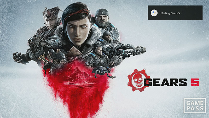 Screenshot met Google Assistant die Gears 5 start. In de rechterbenedenhoek wordt een game pass-logo weergegeven.