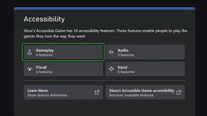 Képernyőkép az Xbox akadálymentesítési funkcióit tartalmazó menüről.