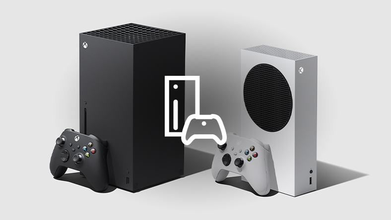 Xbox Series X and Xbox Series S consoles with controllers and a console icon