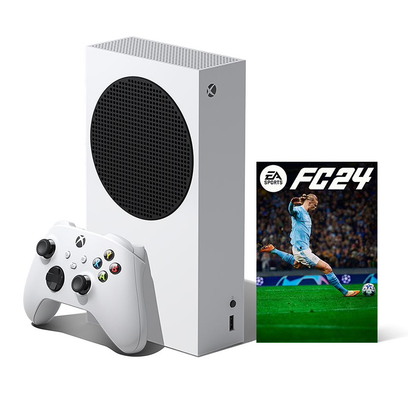 Xbox Series S con el Mando inalámbrico Xbox: blanco robot y la imagen de la caja de EA Sports FC 24