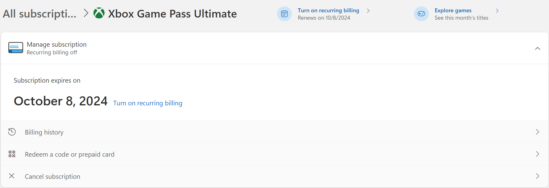 user interface of xbox game pass billing settings