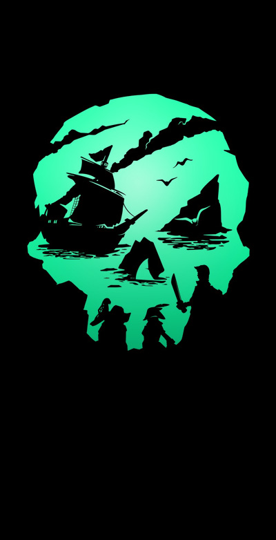 Sea of Thieves, kallonmuotoinen luola ja merirosvolaivan siluetti