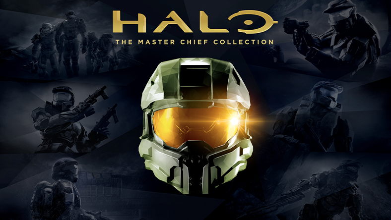 Halo, The Master Chief Collection, elölnézet Master Chief sisakjáról, a háttérben a korábbi Halo játék grafikájával.