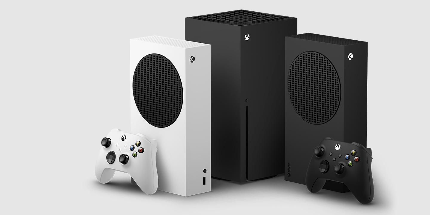 As consolas Xbox Series X e S sobre um fundo cinzento e branco