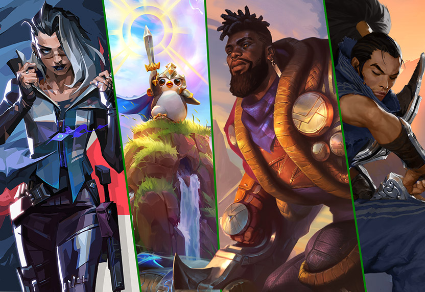 Een verzameling van in-game personages van Riot Games, waaronder Valorant, Teamfight Tactics, League of Legends en Legends of Runeterra