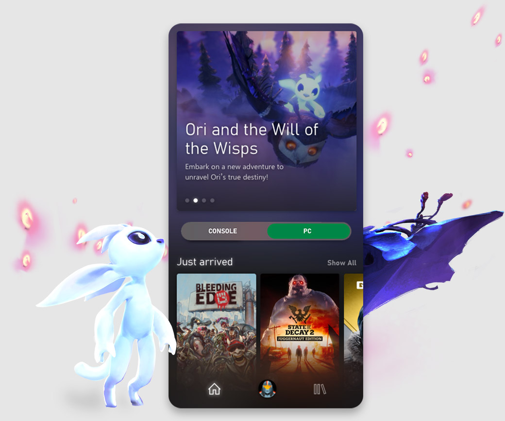 Diğer katalog oyunlarıyla birlikte Ori and the Will of the Wisps oyununu gösteren Xbox Game Pass mobil uygulaması kullanıcı arabirimi