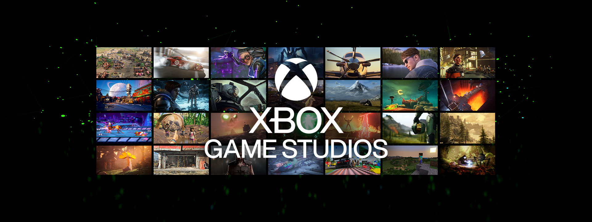 Xbox Games Studios logo over an array of game screenshots