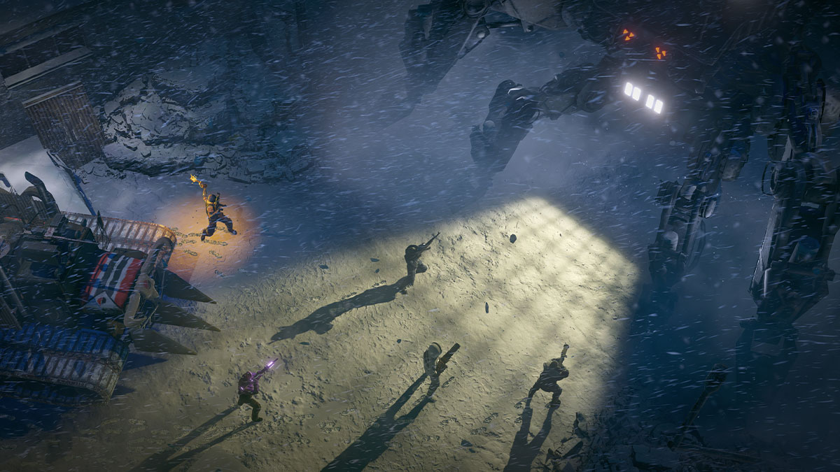 Wasteland 3, vo veľkom snehu sa odohráva bitka.