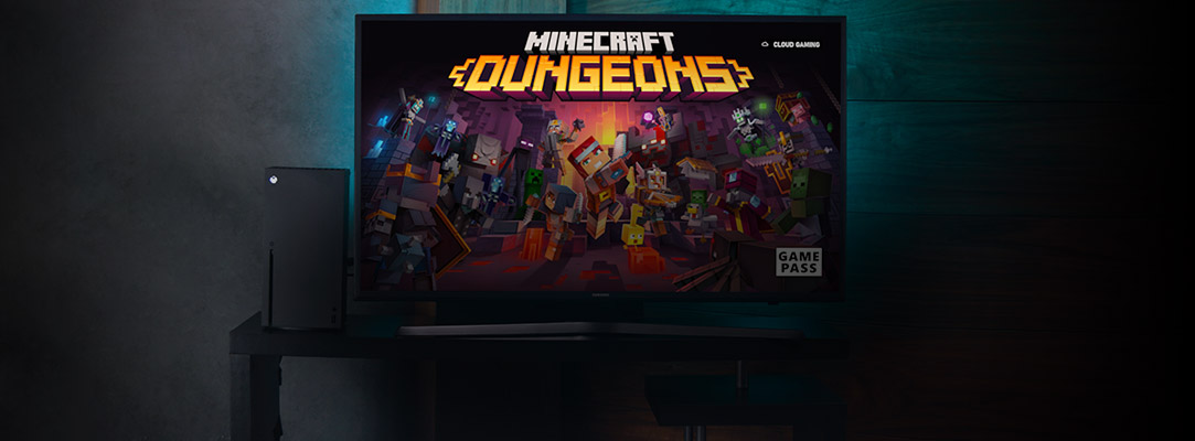 Minecraft Dungeons a ser transmitido a partir da cloud numa consola Xbox Series X.