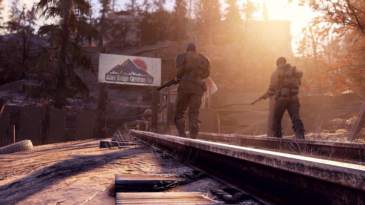 Two characters walk along railroad tracks towards the Blue Ridge Caravan Co.