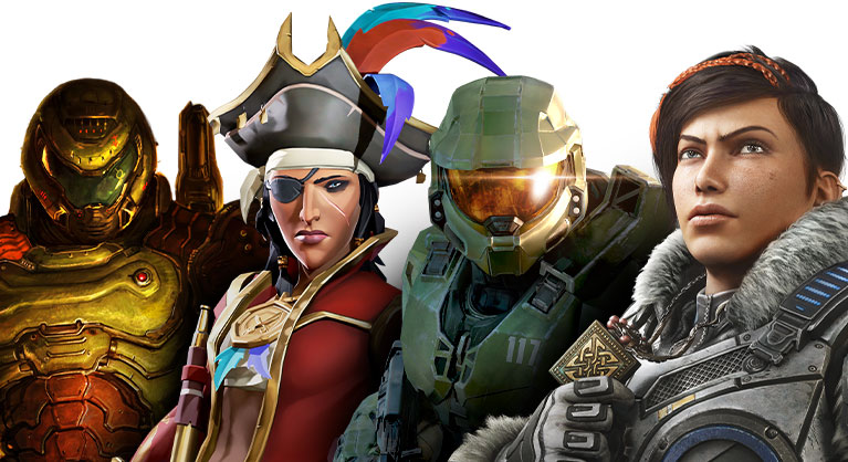 Az Xbox Game Pass kínálatában elérhető játékok karakterei sorakoznak fel. Balról jobbra: DOOM Eternal, Sea of Thieves, Halo: Infinite és Gears 5