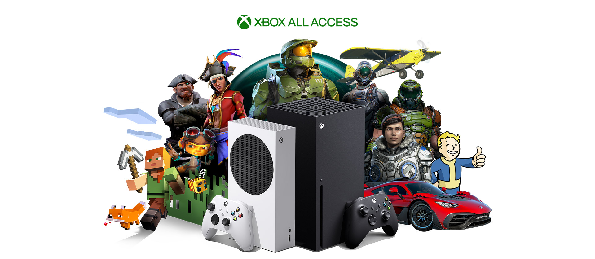 Xbox All Access, Xbox Series X ja Xbox Series S Xbox-pelihahmojen kanssa