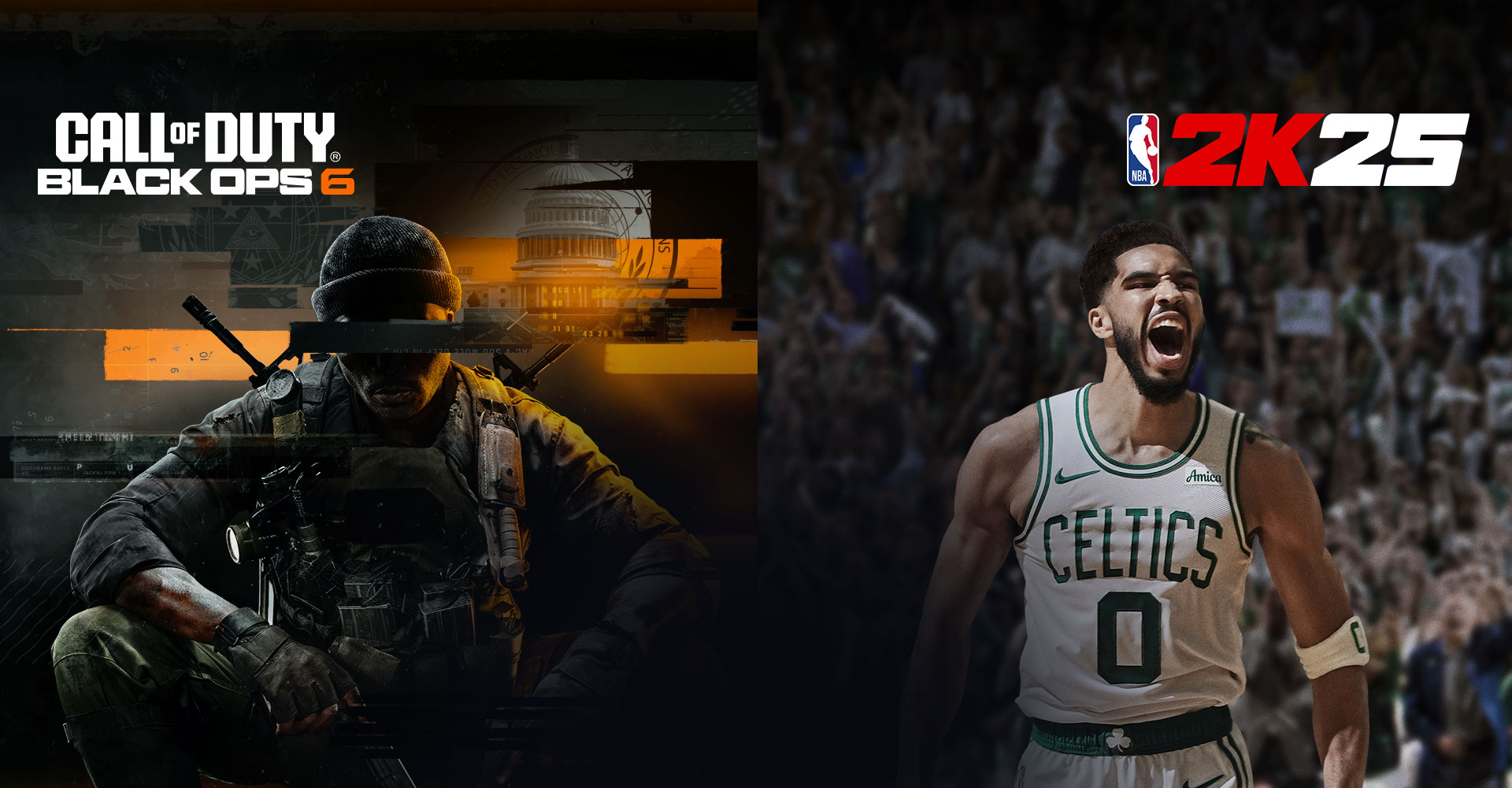 Call of Duty Black Ops 6-emléma, NBA 2K25-embléma, egy Black Ops katona guggol és két pisztolyt tart a kezében, Jayson Tatum egy 0-s számú Boston Celtics-mezben kiabál a pályán.