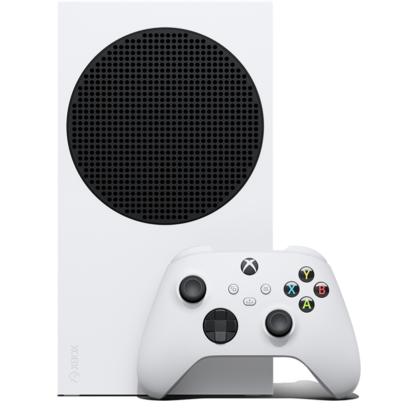 Ángulo frontal de Xbox Series S con un Mando inalámbrico Xbox