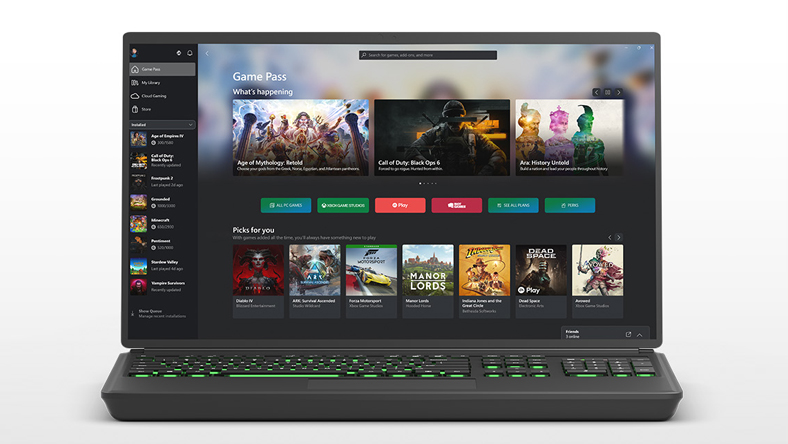 Un portátil que muestra la interfaz de usuario de la app Xbox en PC Windows.