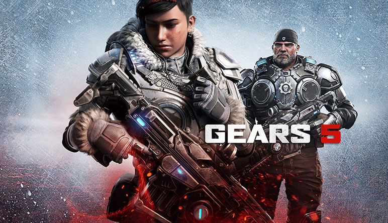 Gears 5, Kait e Marcus a posar com equipamento pesado.