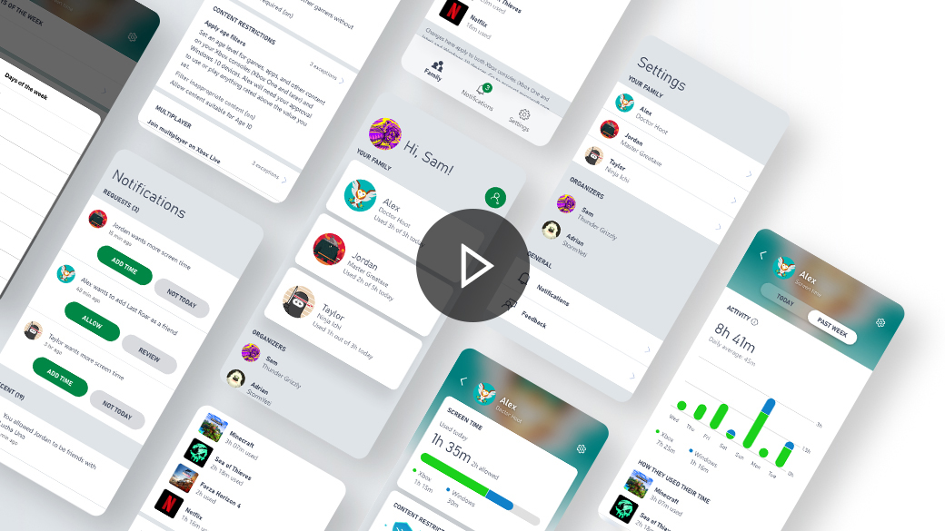 Képernyőképek a családi beállítások kezelőfelületéről az Xbox Family Settings alkalmazásában.