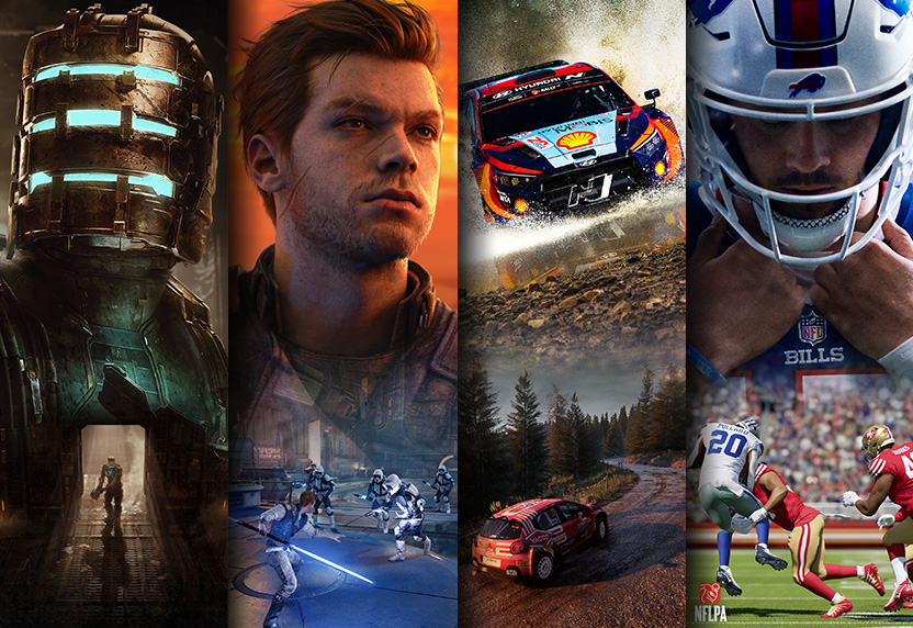 Karaktergrafika az EA játékaiból, köztük a Dead Space, a Star Wars Jedi: Survivor, az EA SPORTS WRC és a Madden NFL 24 játékokból