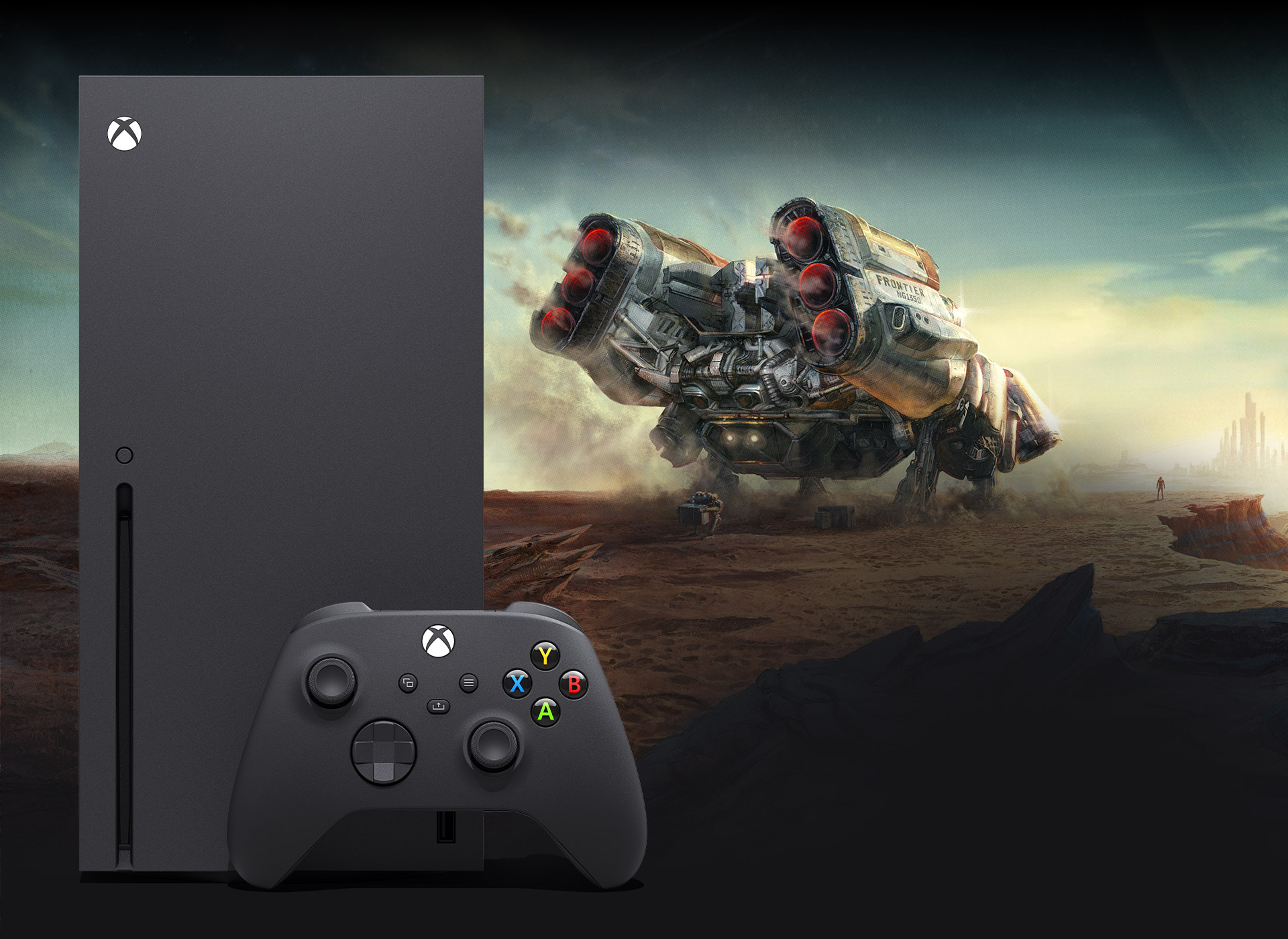 La Xbox Series X con una nave espacial aterrizando en un planeta de Starfield