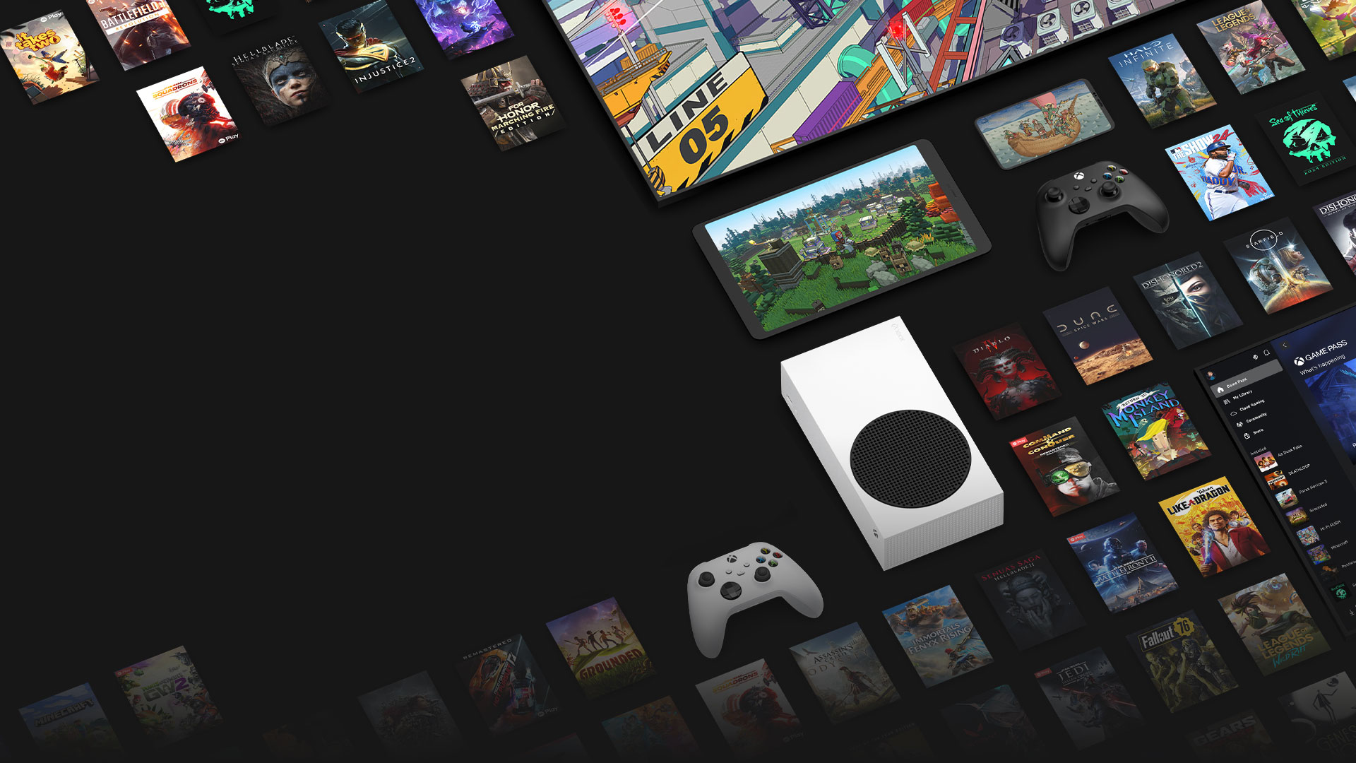 Game art from multiple games available now with Xbox Game Pass Ultimate surround multiple devices, including a console, PC, tablet, and smart TV.