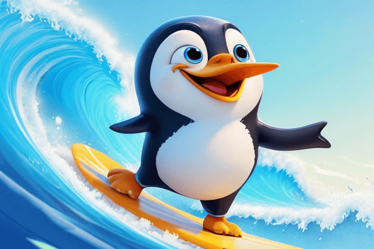 Cartoon animation style a cool penguin wearing sunglasses, surfing on a wave. The penguin has a playful expression, standing confidently on a surfboard, with one flipper raised in a thumbs-up gesture. The wave is a vibrant blue with white frothy details, curling dynamically around the penguin. The background includes a sunny sky with a few fluffy clouds. The overall style is bright, colorful, and cheerful, typical of classic Disney animation.