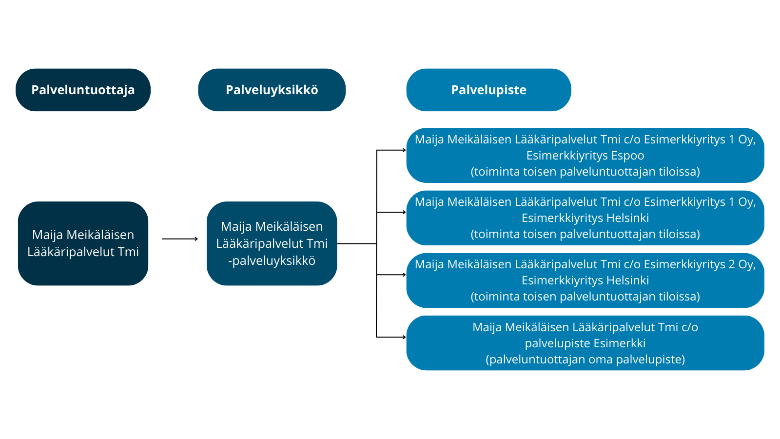 Palveluntuottaja voi olla esimerkiksi yksityinen yritys tai hyvinvointialue. Palveluyksikkö puolestaan on hallinnollisesti ja toiminnallisesti järjestetty kokonaisuus, joka ei välttämättä ole sidottu fyysisiin toimitiloihin. Palveluyksikköön sisältyy aina vähintään yksi palvelupiste. Palvelupiste on siis palveluyksikön osa, joka tuottaa varsinaiset sote-palvelut.