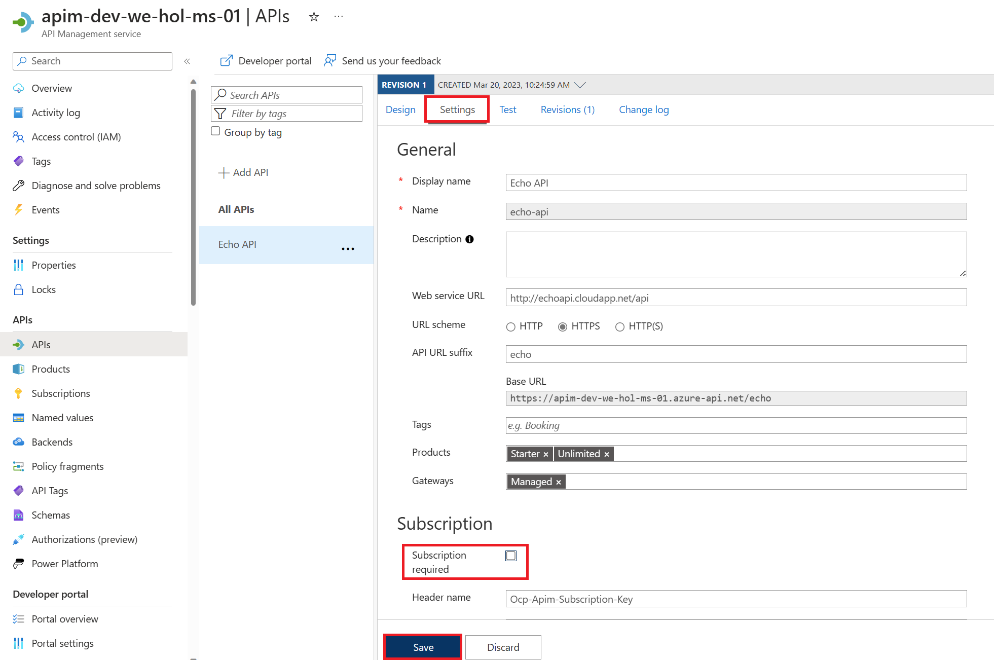 APIM Echo API Disable Required Subscription