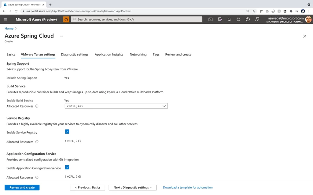 VMware Tanzu settings and component selection in Azure portal