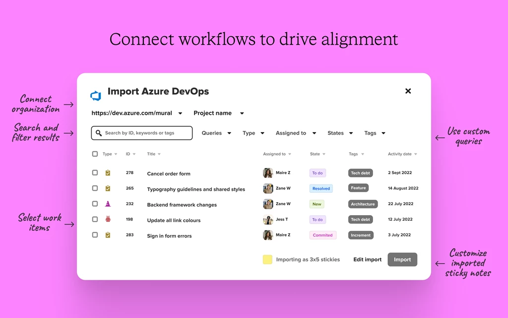 A panel showing options to connect organization, search and filter results, selecting work items, using custom queries, and editing imported sticky notes