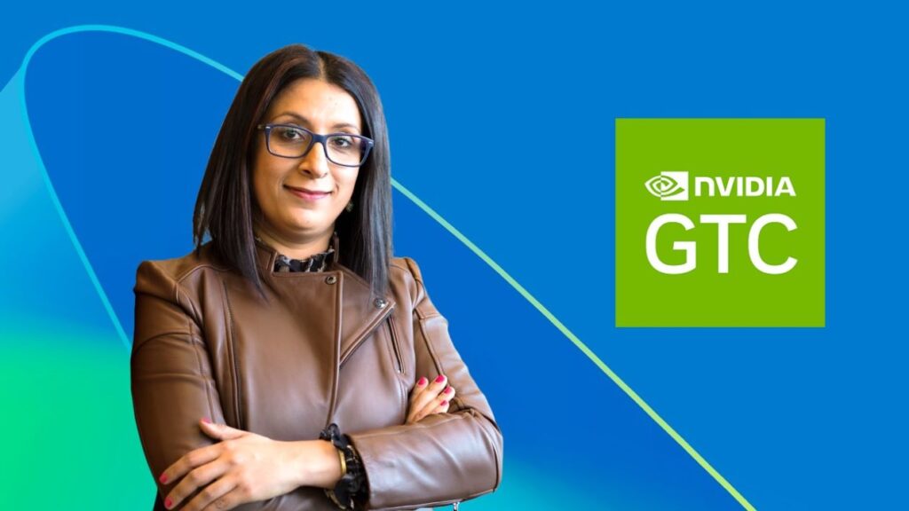 Woman standing next to the NVIDIA GTC logo