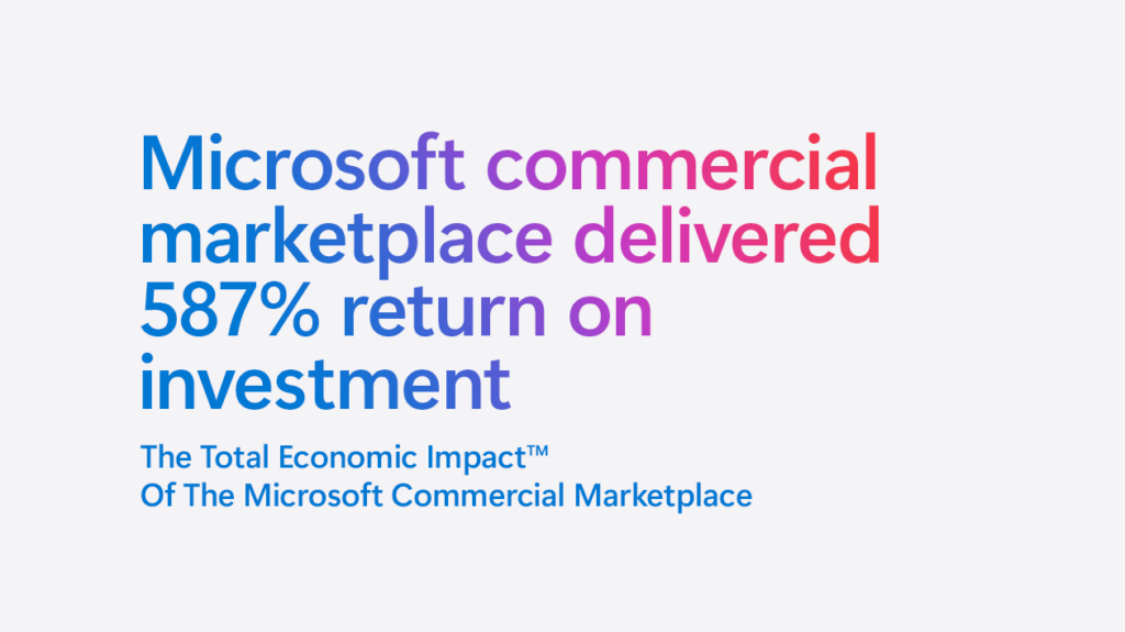 A decorative image with a statistic from a Forrester report: Microsoft commercial marketplace delivered 587% return on investment